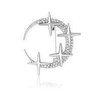 Dainty Crystal Moon Star Brooch Pin - Refined Cubic Zirconia Lapel Pin for Dresses, Suits, and Accessories - Great Gift for Weddings, Valentine's Day, and Special Occasions(Silver)