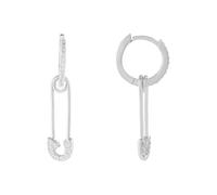 Dainty CZ Safety Pin Dangle Drop Earrings for Sensitive Ears - Sterling Silver Post Huggie Hoops, Lightweight Crystal Personalized Jewellery Gifts for Women Girls (Silver)