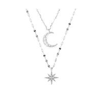 Dainty Faux Diamond Necklace Silver Double Layer for Women Twinkle Star Moon Choker with Pendant Rhinestone Clavicle Chain Silver
