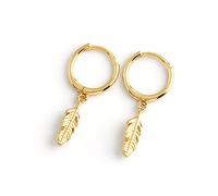 Dainty Feather Dangle Hoop Earrings for Women Girls S925 Sterling Silver with Charms Huggie Hoops Dangling Drop Piercing Earring Personalized Jewelry Delicate Gift for Dauther Bff (Gold)