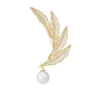 Dainty Feather Pearl Brooch with AB Crystals, Silver or Gold Plated Leaf Lapel Pin for Women Men, Elegant Corsage Accessory for Suit Dress Hat Bag, Wedding Party Jewellery Gift (Gold, white)