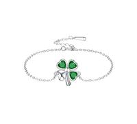 Dainty Four Leaf Clover Bracelet for Women - Silver Plated Floral with Green Heart CZ Crystals, Adjustable 17+5cm Chain, Lucky Charm Irish Shamrock Statement Jewellery Gift for Her