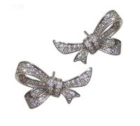 Dainty Full Pavé Bow Stud Earrings for Women, Sparkly Ribbon Bowknot Earrings with Cubic Zirconia, Aesthetic Coquette Silver Jewelry for Anniversary Birthday Party, 3.6g