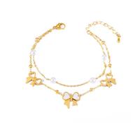 Dainty Gold Bow Knot Link Bracelet for Women Double Layer Bowknot Bracelet with Pearl Trendy Jewelry, 4 UK, Metal, no gemstone