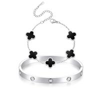 Dainty Gold Clover Bracelet Love Bangle Set Non Tarnish Gold Bracelet Stack and Black White Four Leaf Clover Bracelet Simple Cute Friendship Bangle Bracelets for Women Trendy Holiday Gifts, Standard
