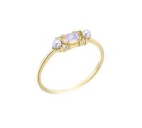 Dainty Gold Ring, Bohemian Rings Thin Oval Opal with Two Pearl 14K Yellow Gold Size X 1/2