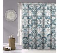 Dainty Home Cotton Soft Textured Shower Curtain - Printed Design Cotton in Tiles Blue 70" x 72" - Water Resistant Cotton, Washable Shower Curtain - Perfect Cloth Shower Curtain for Stylish Bathrooms