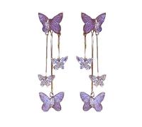 Dainty Hoop Earrings 2023 New Sweet Purple Crystal Butterfly Earrings Women's Advanced Sense Temperament Long Face Showing Small Tassel Earrings Hamme Hoops (Purple, One Size)