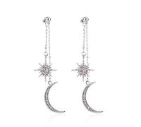 Dainty Long Dangle Earrings for Women Fashion Jewellry, Cute Gold Silver dangly, Upgrade Moon Stars Sun Earring-Silver, Metal, No Gemstone