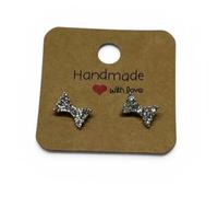 Dainty Mini Bow Stud Earrings Silver Tone Crystal Rhinestone