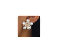 Dainty Pearl Rhinestone Earrings for Women Gentle Large Pearl White Flower Statement Dangle Earrings Trendy Bridal Wedding Sparkling Prom Jewelry, S, Metal, No Gemstone