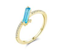Dainty Promise Ring, Ring Bands for Women 9K Yellow Gold Elegant with Blue Rectangle Topaz Size L 1/2