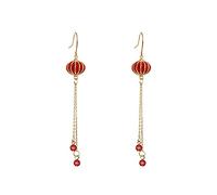 Dainty Red Lantern Dangle Drop Earrings for Women Chinese Style S Post Statement Long Chain Tassel Earring Piercing Dangling Hook Elegant Hypoallergenic Jewelry for Daughter Mom