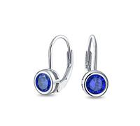 Dainty Round Bezel Brilliant Cut AAA Cubic Zirconia Simulated Blue Sapphire CZ Solitaire Dangle Drop Earrings Lever Back .925 Sterling Silver