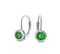 Dainty Round Bezel Brilliant Cut AAA Cubic Zirconia Simulated Emerald Green CZ Solitaire Dangle Drop Earrings Lever Back .925 Sterling Silver