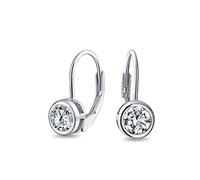 Dainty Round Bezel Brilliant Cut AAA Cubic Zirconia Simulated Gemstone Clear CZ Solitaire Dangle Drop Earrings Lever Back .925 Sterling Silver