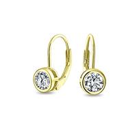 Dainty Round Bezel Brilliant Cut AAA Cubic Zirconia Simulated Gemstone Clear CZ Solitaire Dangle Drop Earrings Lever Back Gold Plated .925 Sterling Silver