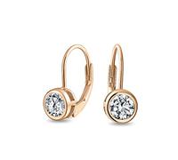 Dainty Round Bezel Brilliant Cut AAA Cubic Zirconia Simulated Gemstone Clear CZ Solitaire Dangle Drop Earrings Lever Back Rose Gold Plated .925 Sterling Silver