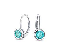 Dainty Round Bezel Brilliant Cut Aqua Blue AAA Cubic Zirconia Simulated Aquamarine CZ Solitaire Dangle Drop Earrings Lever Back .925 Sterling Silver