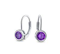 Dainty Round Bezel Brilliant Cut Purple AAA Cubic Zirconia Simulated Amethyst CZ Solitaire Dangle Drop Earrings Lever Back .925 Sterling Silver