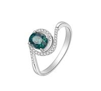 Dainty Silver Ring, Silver Rings for Women Goth 4 Prong Oval with Green Tourmaline with Diamond 18K White Gold Size N 1/2