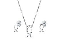 Dainty Small Religious Ichthys Pendant Necklace and Stud Earring Set - Dainty .925 Sterling Silver Religious Jewelry for Women and Teens