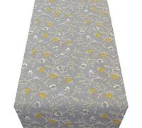 Dainty Songbird Table Runner. Delicate Stone Grey with Ochre Yellow Detail. Birds and Floral Leaf design. Two Sizes. (30cm x 230cm)