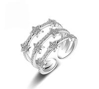 Dainty Stars Rings for Women Girls Sterling Silver Plated Cubic Zirconia Statement Eternity Promise Wedding Band Adjustable Open Finger Ring CZ Crystal Black Star Jewelry Gift Birthday (8 Stars)