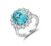 Dainty Sterling Silver Rings, Rustic Wedding Band Silver Flower with 8.04Ct Oval Created paraiba Tourmaline Size J 1/2