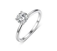 Dainty Wedding Band, Anillo Compromiso Mujer 4 Prong Solitaire with Round Shape 1ct Moissanite 14K White Gold Size J 1/2
