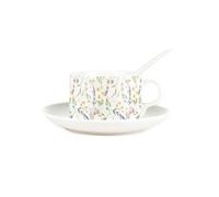Dainty Wildflowers Cup & Saucer Set with Spoon - Floral Porcelain White Mug Coffee/Tea Hot Drinks Present Gift