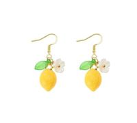 Dainty Yellow Lemon Flower Glass Leaf Teardrop Tassel Dangle Earrings for Women Cute Lovely Post White Shell Froal Fruit Dangling Earrings Lightweight Hypoallergenic