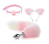 DaiQei Stainless Steel Anal Plug with Pink Fox Tail Fox Ears Headband Gag Gag 3pcs Set Butt Plug Anal Dildo Bondage Anal Ball Sexy Cosplay BDSM Erotic Anal Plug Sex Toy for Women Couples (Size : L)