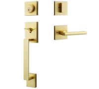 dairazan Modern Satin-Brass Front Door-Handle - Entry Door Lock with Single Cylinder Deadbolt,Exterior Door Lever Set 3 Keys,Reversible for Left and Right Hand Door