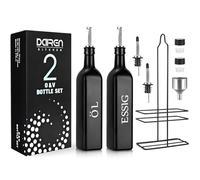 DaiRen Kitchen Oil and Vinegar Dispenser Bottle 500 ml Glass Set, Olive Oil Bottle Dispenser with Caddy Holder and Stainless Steel Spout, Black, 2-Piece Set (Type 2)