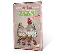 Dairy Fresh Eggs Vintage Metal Sign, Farmhouse Wall Art Decor, Stainless Steel Chicken with Eggs