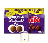 Dairy Milk Chocolate Multipack of Cadburys Chocolate Buttons & Bitsa Wispa (2 Sharing Cadburys Chocolate Sharing Bag x186g) Bundled by The Great British Kitchen