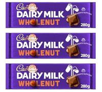 Dairy Milk Wholenut Chocolate XL Block 280g, Pack of 3, Milk Chocolate With Hazelnuts Perfect for Sharing