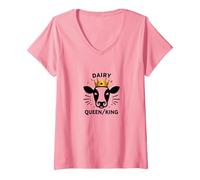 Dairy Queen/King Cow Royalty Funny Farm Humor V-Neck T-Shirt, Women, Pink, L