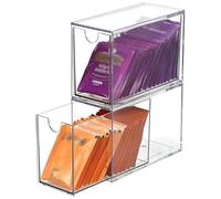 DAIRYCOF 2PCS Tea Bag Storage Box, Acrylic Clear Tea Organiser with Drawer, 16.5 x 7.6 x 10cm Tea Bag Storage Holder Stackable for Tea Bags, Coffee Capsules, Sugar Sachets, Kitchen Counter