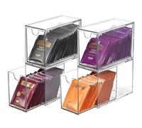 DAIRYCOF 4PCS Tea Bag Storage Box, Acrylic Clear Tea Organiser with Drawer, 16.5 x 7.6 x 10cm Tea Bag Storage Holder Stackable for Tea Bags, Coffee Capsules, Sugar Sachets, Kitchen Counter
