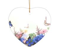 Daisies Butterflies Printed Heart Shape Xmas Ornaments 1PCS, Christmas Acrylic Pendant Hanging for Xmas Tree Home Indoor Outdoor Decor 1