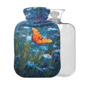 Daisies Butterfly Blue Print Hot Water Bottle with Cover 2L Large Warm Water Bag for Men Women Pain Relief