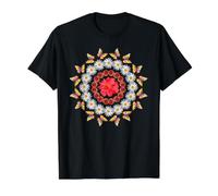Daisies, Red Japanese Camellia and Butterflies Mandala Value Graphic T-Shirt, Men, Black, M