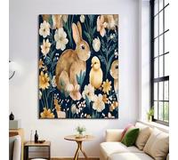 Daisies Tulips Canvas Wall Art, Rabbit Chicken Prints Picture for Living Room Decor, Navy Blue Painting Wall Art Print on Canvas 50×70 cm Unframed