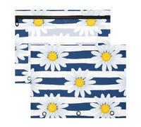 Daisies Yellow Blue Navy Stripes Large School Pencil Case Pouch | Slim lay-flat profile, tough zipper, water-repellent shell, 2-pack for backpack and car storage on the go
