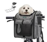 DAISTERN Front Bicycle Dog Basket up to 10KG, Foldable & Breathable 4-in-1 Pet Carrier Rucksack Shoulder Bag Car Seat with Sturdy L-Shaped Bracket, Comfortable Cushion & Reflective Strips