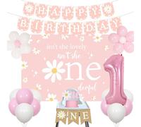 Daisy 1st Birthday Decorations for Girl, Pink and White Balloons Number 1 Foil Balloon, Isn't She Lovely Isn't She Onederful Daisy Flower Backdrop, Happy Birthday High Chair Banner Cake Topper