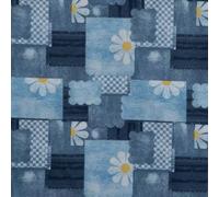 Daisy and Faux Denim Patch Cotton Calico Fabric by The Yard - Precut Cotton Fabric - One Yard