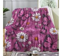 Daisy Blanket Throw, Purple Butterfly Fleece Blanket for Bed Sofa Couch, Soft Cozy Flannel, 180x200 cm, Decor & Gifts (Q121)